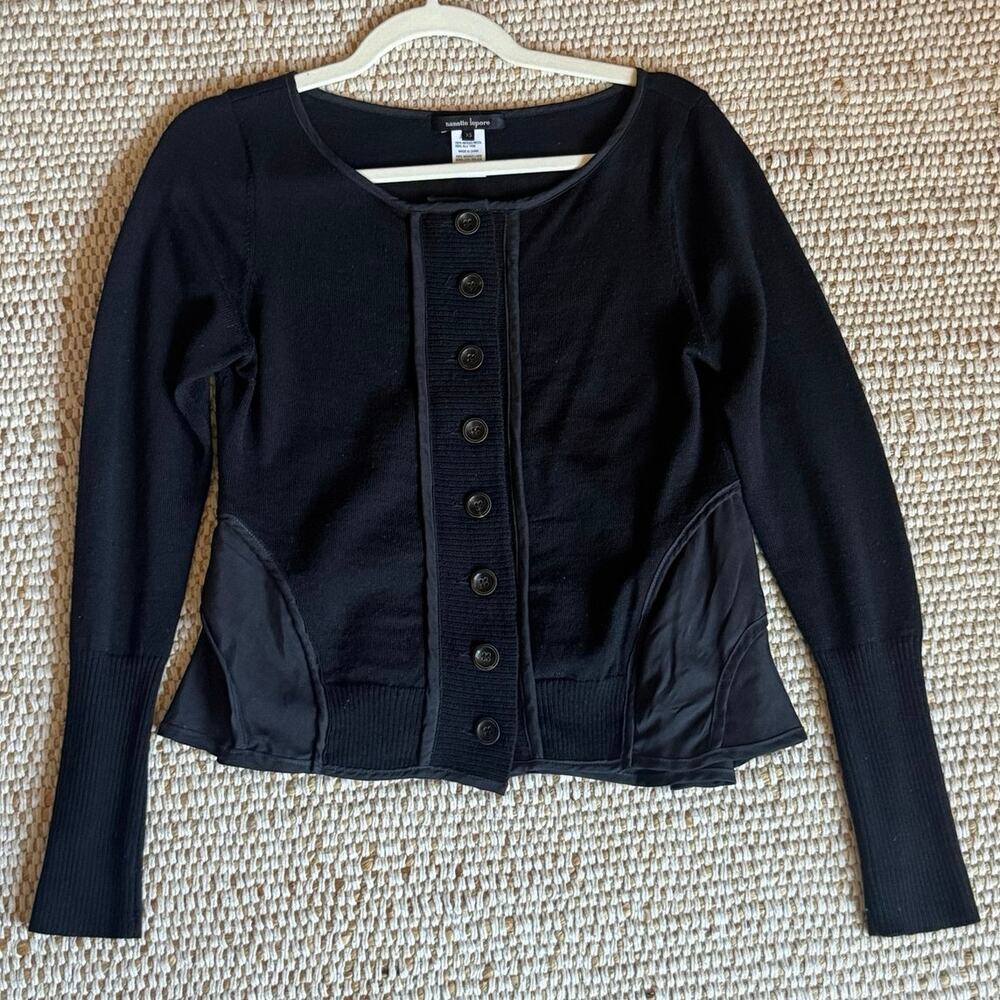 Nanette Lepore Black Wool Silk Mixed Media Peplum Cardigan Sweater Button Up XS